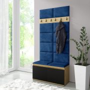 Smalle kapstok / garderobe 01 met gestoffeerde bank, kleur: Artisan/Zwart/Marine, 215 x 100 x 40 cm, voor 8 paar schoenen, 6 kledinghaken, 4 vakken