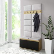 Smalle kapstok / garderobe 01 met gestoffeerde bank, kleur: Artisan/Zwart/Zilver, 215 x 100 x 40 cm, voor 8 paar schoenen, 6 kledinghaken, 4 vakken