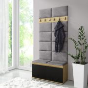 Smalle kapstok 01 met gestoffeerde bank, kleur: Artisan/zwart/ash, 215 x 100 x 40 cm, voor 8 paar schoenen, 6 jashaken, 4 vakken