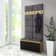 Smalle kapstok / garderobe 01 met gestoffeerde bank, kleur: Artisan/Zwart/Elephant, 215 x 100 x 40 cm, voor 8 paar schoenen, 6 kledinghaken, 4 vakken