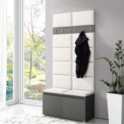 Smalle kapstok / garderobe 01 met gestoffeerde bank, kleur: grafiet/crème, 215 x 100 x 40 cm, geschikt voor 8 paar schoenen, 6 kledinghaken, 4 vakken