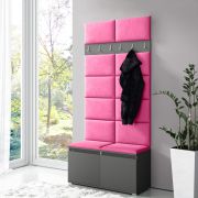 Kapstok / garderobe 01 met roze gestoffeerde panelen voor de bank en de wand, grafiet/roze, 215 x 100 x 40 cm, 6 kledinghaken, 4 vakken, schoenenkast voor 8 paar schoenen