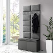 Kleine kapstok / garderobe 01 met schoenenkast voor 8 paar schoenen, grafiet/lichtzwart, 215 x 100 x 40 cm, 6 kledinghaken, gestoffeerde panelen voor de bank en de wand