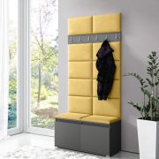 Garderobekast 01 met bank en gestoffeerde wand, Graphite/Naples Yellow, 215 x 100 x 40 cm, schoenenkast voor 8 paar schoenen, 6 jashaken, 4 vakken