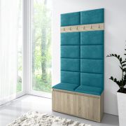 Garderobe 01 voor hal met gestoffeerde panelen voor bank & wand, Sonoma eik/turquoise, 215 x 100 x 40 cm, voor 8 paar schoenen, 6 jashaken, 4 vakken
