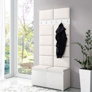 Kapstok / garderobe 01 met bankje en gestoffeerde wand, wit/crème, 215 x 100 x 40 cm, schoenenkast voor 8 paar schoenen, 6 kledinghaken, 4 vakken