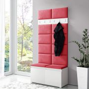 Smalle kapstok / garderobe 01 met gestoffeerde bank, kleur: wit/rood, 215 x 100 x 40 cm, voor 8 paar schoenen, 6 kledinghaken, 4 vakken