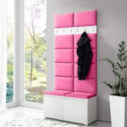 Garderobekast 01 met roze gestoffeerde panelen voor bank en wand, schoenenkast voor 8 paar schoenen, wit/roze, 215 x 100 x 40 cm, 6 jashaken, 4 vakken