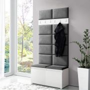 Smalle kapstok / garderobe 01 met bankje en gestoffeerde wand, wit/lichtzwart, 215 x 100 x 40 cm, voor 8 paar schoenen, 6 kledinghaken, 4 vakken