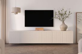 Hangende TV-onderkast | Kasjmir | 6 draaideuren | 6 vakken | 210 x 40 x 40 cm | Push-to-open-functie | tv-meubel | voor de woonkamer | design met lamellen