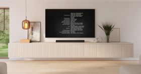 Hangende TV-onderkast | Kasjmir | 10 draaideuren | 10 vakken | 350 x 40 x 40 cm | lamellen design | voor de woonkamer | tv-meubel | Push-to-open-functie