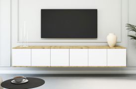 TV-onderkast | Kleur: Artisan eiken / wit | Push-to-open-functie | 6 deuren | 12 vakken | 210 x 40 x 40 cm | hoogwaardige afwerking | TV-meubel