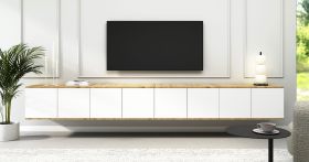 TV-meubel | Kleur: Artisan eiken / wit | Push-to-open-functie | 8 deuren | 16 vakken | 280 x 40 x 40 cm | Hoogwaardige afwerking | TV-onderkast