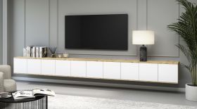 TV-meubel | Kleur: Artisan eiken / wit | Push-to-open-functie | 10 deuren | 20 vakken | 350 x 40 x 40 cm | Hoogwaardige afwerking | TV-kast