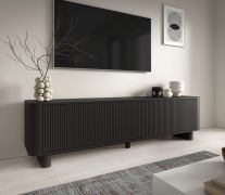 TV-onderkast | Zwart | 3 klapdeuren | 3 vakken | lamellen | Push-to-open-functie | Maten: 200 x 40 x 54 cm | Kan op poten worden geplaatst of aan de muur worden bevestigd