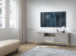 TV-onderkast met modern design Worthing 57, kleur: grijs / goud - Afmetingen: 56 x 154 x 39 cm (H x B x D)