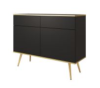 Kleine ladekast / commode met vier vakken Horsham 66, kleur: zwart, twee deuren, push-to-open-functie, ABS-randbescherming, twee lades, poten: goud
