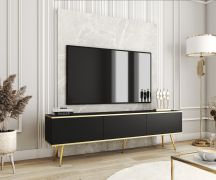 Lange TV-onderkast / tv-meubel met drie kiep- kantelvakken Horsham 50, kleur: zwart, push-to-open-functie, ABS-randbescherming, poten: goud, voor de woonkamer