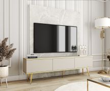 Moderne tv-kast / tv-meubel met push-to-open-functie Horsham 53, kleur: beige, kan aan de muur worden bevestigd, drie vakken, ABS-randafwerking, voor de woonkamer