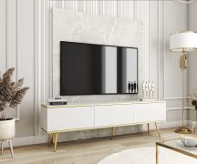 TV-onderkast / TV-meubel met drie kiep-klapdeuren Horsham 52, kleur: wit, push-to-open-functie, ABS-randafwerking, kan aan de muur worden bevestigd, poten: goud