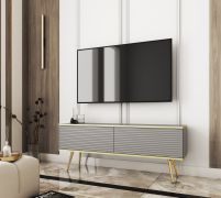 TV-kast / TV-meubel met geribbeld front Horsham 40, push-to-open-functie, kleur: grijs, twee kiep- kantelvakken, aan de muur te bevestigen, poten: goud, voor de woonkamer