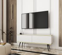 TV-meubel / TV-onderkast Horsham 20, kleur: wit, push-to-open-functie, kan aan de muur worden bevestigd, poten: zwart, maten: 53 x 135 x 32 cm, twee Kiep- klapdeuren