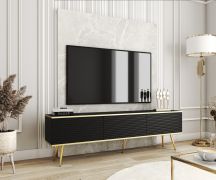 Lange TV-onderkast met geribbeld front Horsham 41, kleur: zwart, kan aan de muur worden bevestigd, poten: goud, push-to-open-functie, drie kiep- kantelvakken