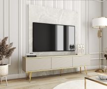 TV-meubel / TV-kast met drie kiep-klapdeuren Horsham 43, kleur: beige, geribbeld front, ABS-randafwerking, poten: goud, push-to-open-functie, voor de woonkamer