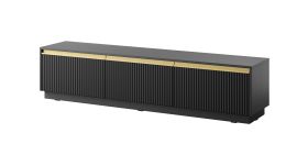 Elegante tv-kast / tv-meubel Finghall 01, drie deuren, 1,8 meter breedte, Soft-Close functie, kleur: zwart, front: geribbeld, kan aan de muur worden bevestigd, drie vakken
