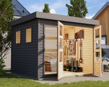 Houten berging / tuinhuis van Noords sparrenhout, terra grijs, grote lichtuitsparingen, plat dak met robuuste stalen hoeken en cilinderslot, 2,38 × 2,42 m