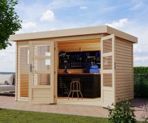 Tuinhuis / berging van onbehandeld Noords sparrenhout, met weerbestendig dakpaneel, dubbele deuren met cilinderslot, grote lichtuitsparingen, 2,98 × 2,42 m