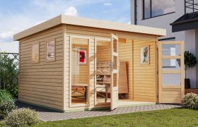 Houten berging / tuinhuis van onbehandeld sparrenhout met 2 ramen, plat dakpaneel, dubbele deuren met grote lichtuitsparingen, cilinderslot, 2,98 × 3,02 m
