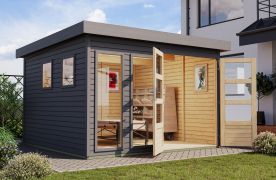 Tuinhuis / berging in terra grijs gemaakt van Noords sparrenhout, toegangsdeur met dubbele beglazing, plat dak met verstevigde randen, cilinderslot, 2,38 × 2,42 m