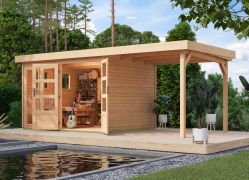 Tuinhuis / berging met aanbouw dak van onbehandeld sparrenhout, dubbele deur, robuust dakpaneel, deur met dubbele vleugel en cilinderslot, 2,98 × 2,42 m