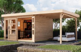 Tuinhuis / berging van onbehandeld Noords sparrenhout met 38 mm wanddikte, aluminium schuifdeur, plat dak van massief hout met aluminium eindbeugels, 2,98 × 3,02 m