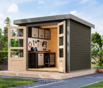 Houten berging / tuinhuis terra grijs, Noorse spar, lessenaarsdak trapeziumvormige plaat metaal grijs aluminium, stevige metalen hoeken, modern design, cilinderslot, 2,38x2,13 m