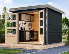 Houten berging / tuinhuis, antraciet/grijs aluminium metaalprofielen plaatstalen dak, met staal versterkte hoeken, modern ontwerp, dubbele deur met cilinderslot, 2,38 x 2,13 m
