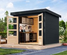 Lessenaarsdak berging / tuinhuis van Noords sparrenhout, antraciet, met staal versterkte hoeken, onderhoudsarm dankzij metaalprofielen plaatstalen dak, incl. cilinderslot, 2,38×2,13 m