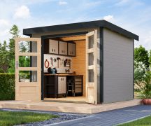 Houten berging / tuinhuis, vuren water grijs, antraciet metaalprofielen plaatstalen dak, stabiele stalen hoeken, onderhoudsarm, dubbele deuren met cilinderslot, 2,38×2,13 m