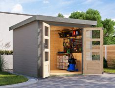 Houten berging / tuinhuis, vuren water grijs, metaalprofielen plaatstaal grijs aluminium, stevige met metaal verstevigde hoeken, onderhoudsarm, cilinderslot, 2,38×2,42 m