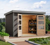 Lessenaarsdak berging / tuinhuis, sparren terra grijs/grijs aluminium, met metaal verstevigde hoeken, onderhoudsarm, cilinderslot, duurzaam, metaalprofielen plaatstalen dak, 2,98x2,13m