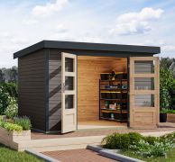 Tuinhuis / berging met lessenaarsdak, Noords sparrenhout terra grijs/antraciet, met staal versterkte hoeken, onderhoudsarm, metaalprofielen plaatstalen dak, cilinderslot, 2,98x2,13m