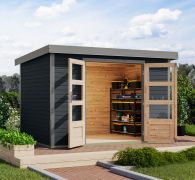 Tuinhuis, Noords sparrenhout antraciet/grijs aluminium, metaalprofielen lessenaarsdak van plaatstaal, met staal verstevigde hoeken, onderhoudsarm, duurzaam, cilinderslot, 2,98x2,13m