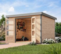 Lessenaarsdak berging / tuinhuis, onbehandeld sparrenhout/grijs aluminium, weerbestendig metaalprofielen plaatstalen dak, robuuste met metaal verstevigde hoeken, cilinderslot, duurzaam, 2,98x2,42m