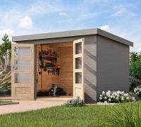 Tuinhuis / berging met metaalprofielen plaatstalen dak, Scandinavisch sparrenhout water grijs/grijs aluminium, duurzaam, weerbestendig, met metaal verstevigde hoeken, cilinderslot, 2,98x2,42m