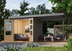 Tuinhuis / berging met 2,35 m aanbouwdak, sparren terra grijs/grijs aluminium, deur met cilinderslot, weerbestendig lessenaarsdak, 2,09 × 2,13 m, robuuste stalen hoeken