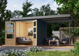 Tuinhuis / berging met (L/R) aanbouw dak van Noords sparrenhout in antraciet/grijs aluminium, dak van trapeziumplaat, met metaal verstevigde hoeken, deur met dubbele vleugel, 2,09 × 2,13 m