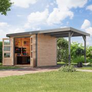 Blokhut / tuinhuis aanbouwdak 2,35 m, onbehandeld Noords sparrenhout/grijs aluminium, metaalprofielen plaatstalen dak 2,38 × 2,13 m, cilinderslot met dubbele deuren