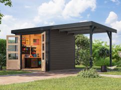 Houten berging / tuinhuis aanbouwdak met metaalprofielen plaatstalen dak, Noords sparrenhout terra grijs/antraciet, met metaal verstevigde hoeken, dubbele deuren met cilinderslot, 5,05 m²