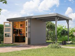 Houten berging / tuinhuis aanbouw dak water grijs/grijs aluminium, dubbele deuren, weerbestendig metaalprofielen plaatstalen dak, met metaal verstevigde hoeken, 2,38 × 2,13 m